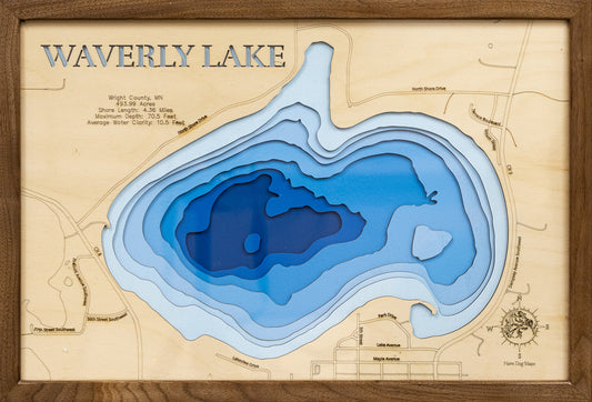 Waverly Lake in Wright County, MN in stunning 3D wood map design, with detailed topography.