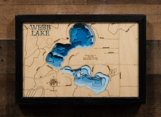 Webb Lake in Burnett County, WI custom 3D wood map, perfect for home decor and gifts.
