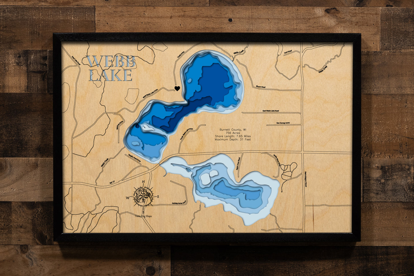 Webb Lake in Burnett County, WI custom 3D wood map, perfect for home decor and gifts.