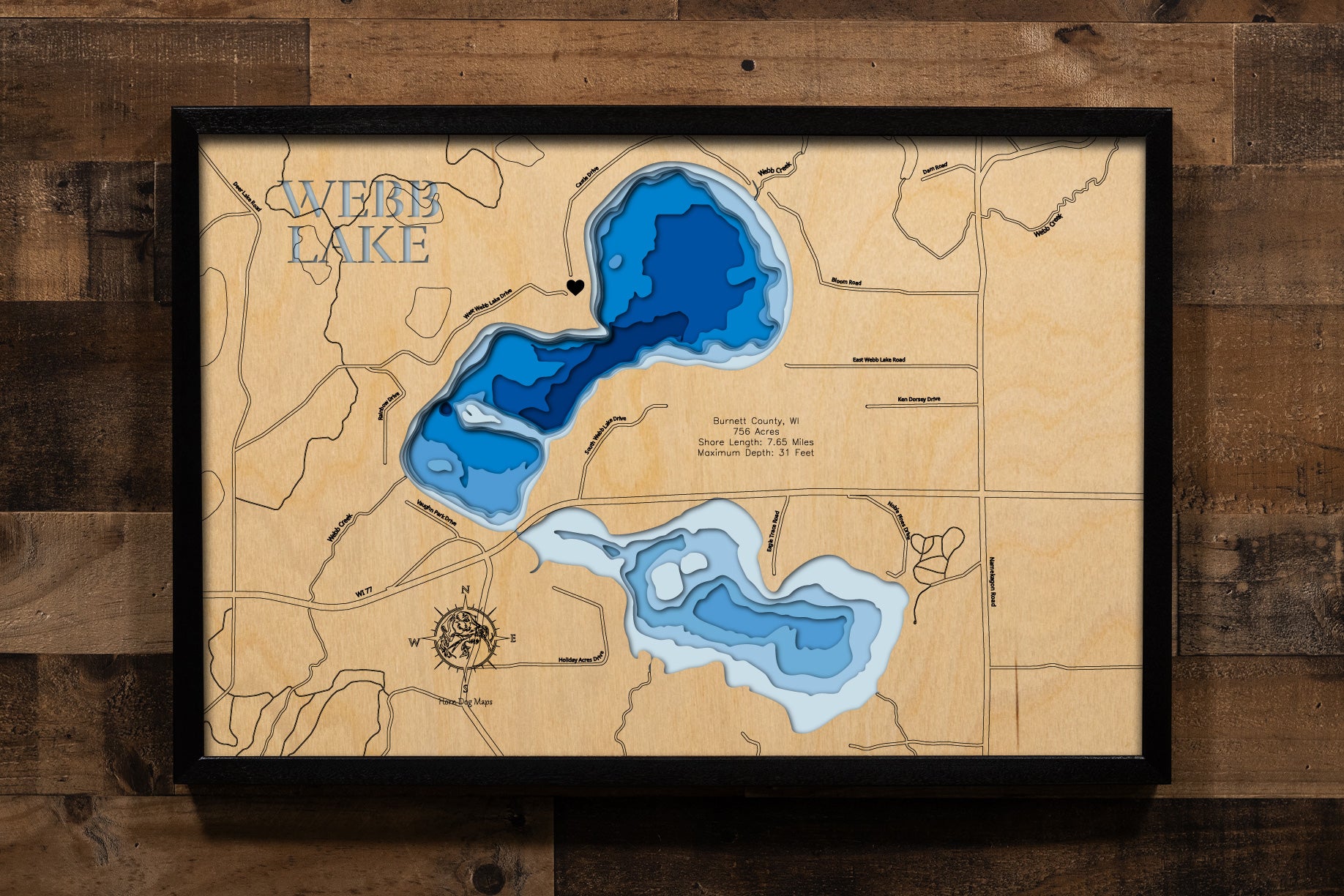 Webb Lake in Burnett County, WI custom 3D wood map, perfect for home decor and gifts.