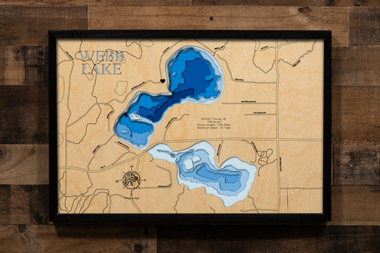 Webb Lake in Burnett County, WI custom 3D wood map, perfect for home decor and gifts.