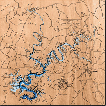 Decorative 3D wooden lake map of Lake Wedowee in Randolph County, AL, crafted with care.