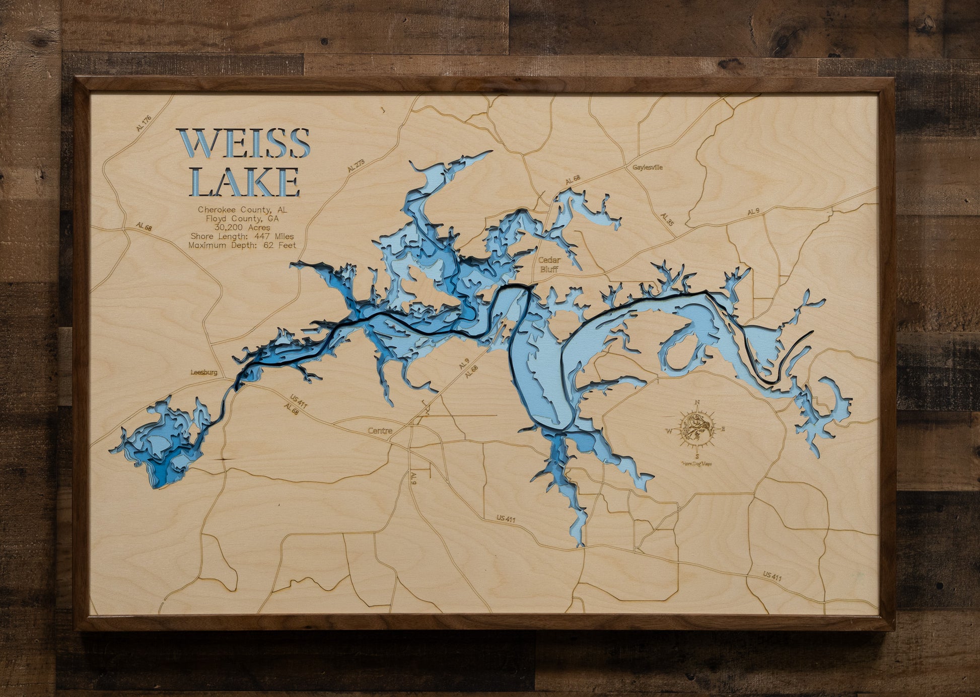 Exquisite wooden map of Weiss Lake in Cherokee County, AL, Floyd County, GA with detailed lakebed features.