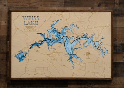 Exquisite wooden map of Weiss Lake in Cherokee County, AL, Floyd County, GA with detailed lakebed features.