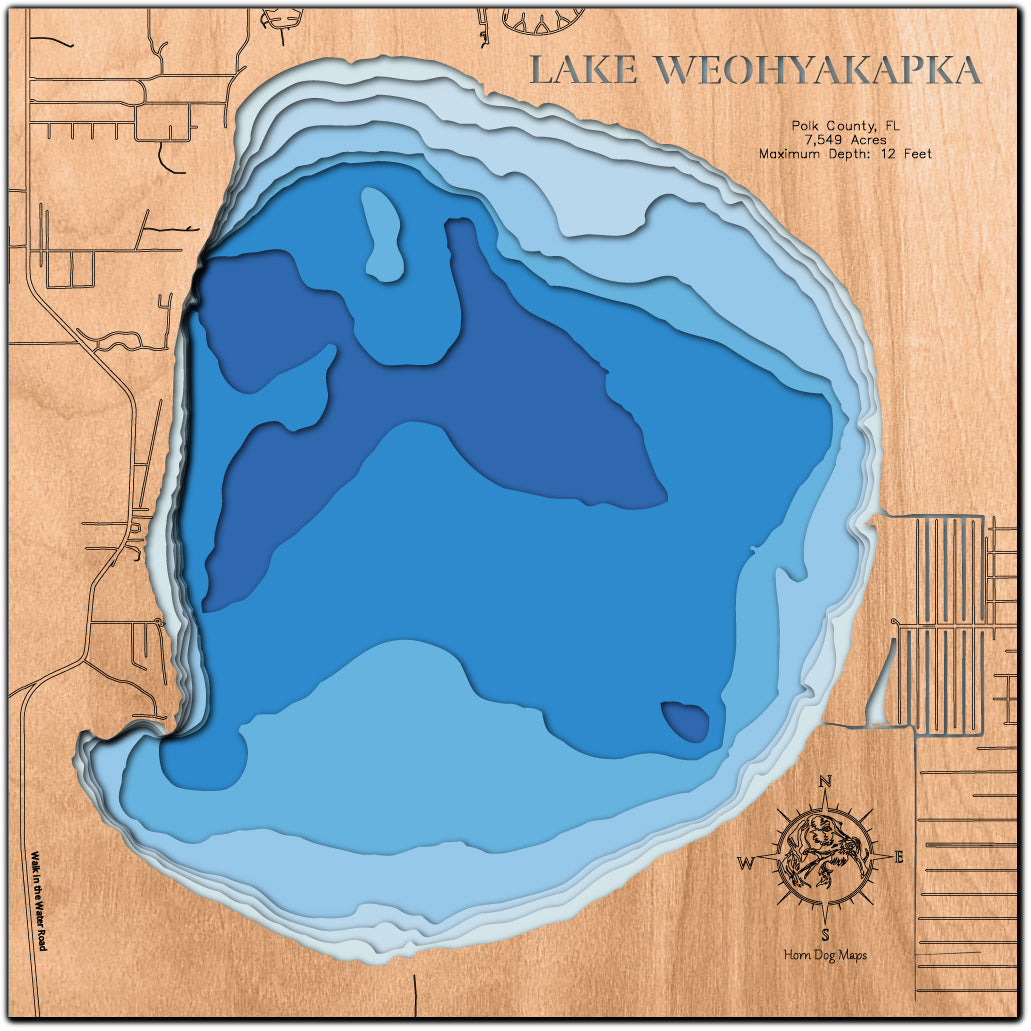 Artisanally carved wooden lake map of Lake Weohyakapka in Polk County, FL, highlighting bathymetry.