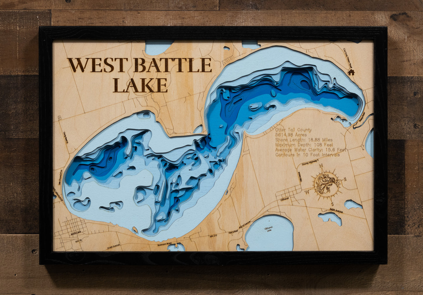 Precision-cut wooden map of 3d Depth map of West Battle Lake in Otter Tail County, MN, perfect for unique decor.