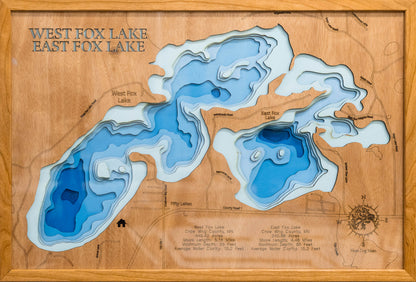 Custom wooden map of West Fox Lake and East Fox Lake in Crow Wing County, MN with layered depth highlights.