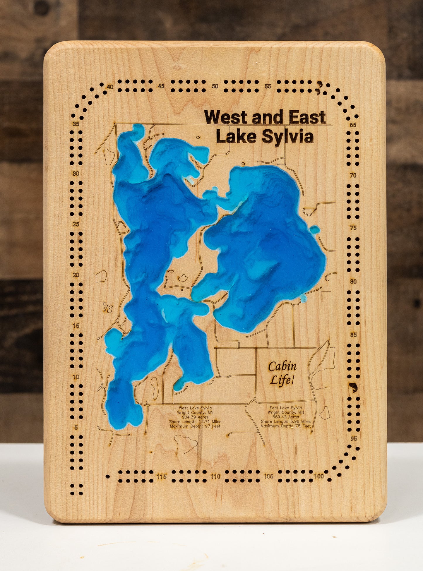 Cribbage Board of West and East Lake Sylvia in Wright County, MN, crafted with care.