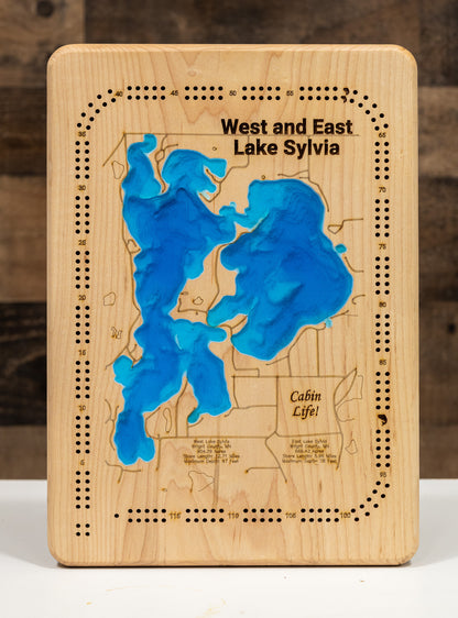 Cribbage Board of West and East Lake Sylvia in Wright County, MN, crafted with care.