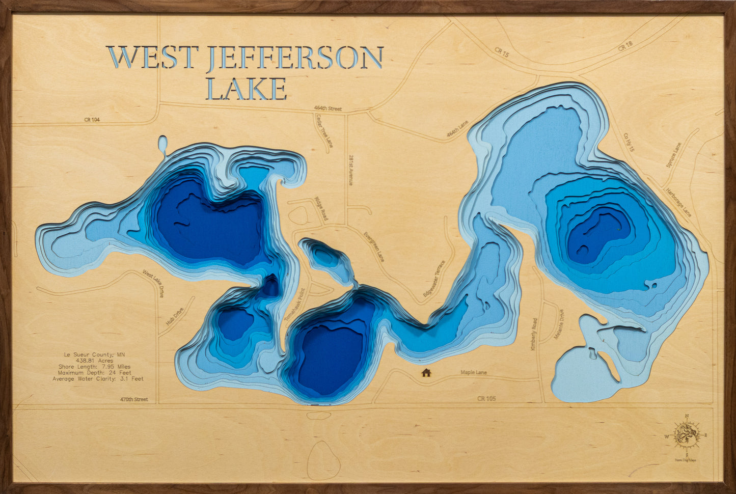 Exquisite wooden map of West Jefferson Lake in Le Sueur County, MN with detailed lakebed features.