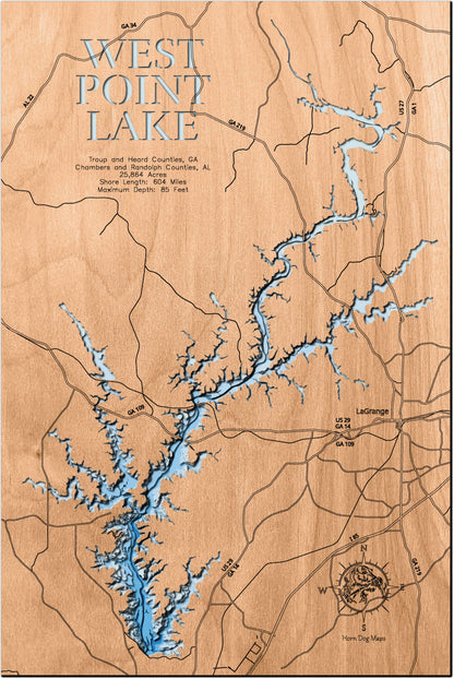 Unique wooden lake map of West Point Lake in Troup and Heard Counties, GA, Chambers and Randolph Counties, AL, featuring intricate depth details.