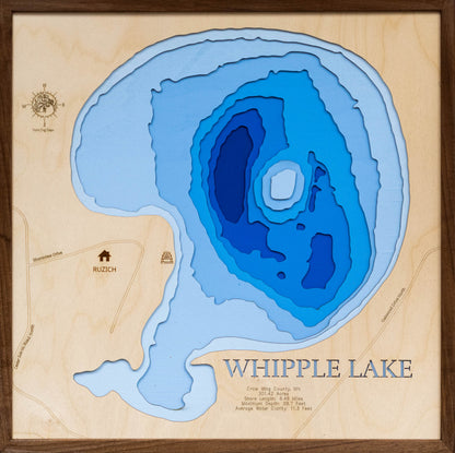 Whipple Lake in Crow Wing County, MN 3D depth map, laser cut from high-quality wood.