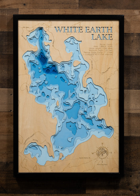 3D wooden lake map of White Earth Lake in Becker County, MN, showcasing detailed depth layers and contours.