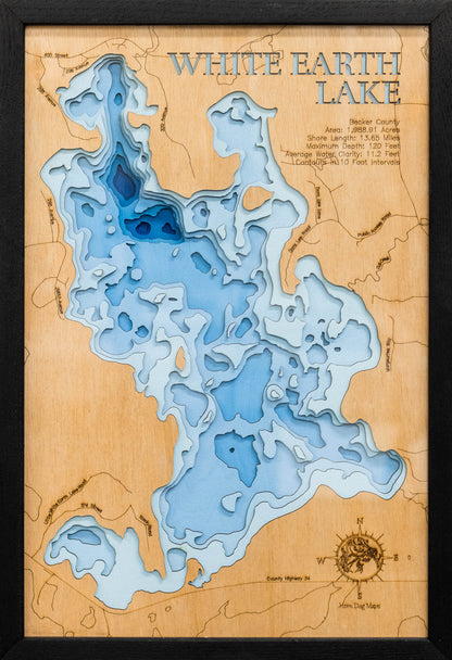 3D wooden lake map of White Earth Lake in Becker County, MN, showcasing detailed depth layers and contours.