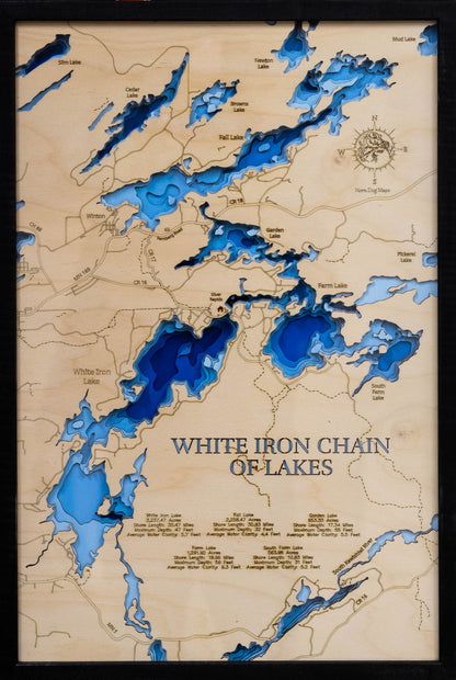 Precision-cut wooden map of White Iron Chain of Lakes in Lake County, MN, perfect for unique decor.