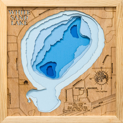 High-definition wooden relief map of White Sand Lake in Crow Wing County, MN, handmade for durability.