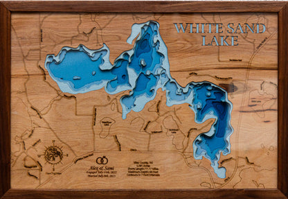 Whit Sand Lake in Vilas County, WI engraved wood map, showcasing accurate topographical features.