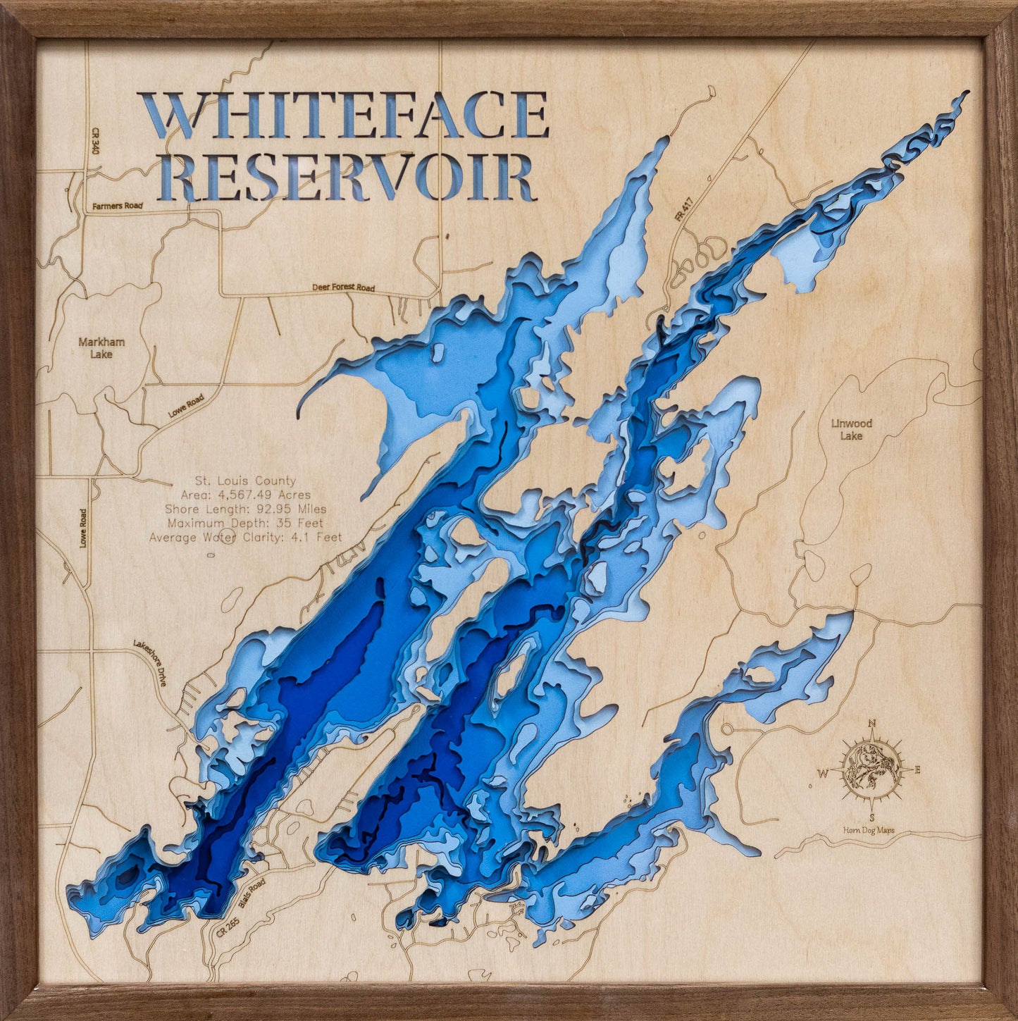 Artisanally carved wooden lake map of Whiteface Reservoir in St. Louis County, MN, highlighting bathymetry.