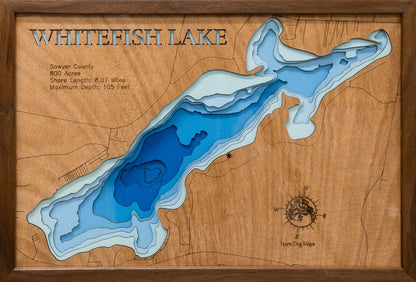 Unique wooden lake map of Whitefish Lake in Sawyer County, WI, featuring intricate depth details.