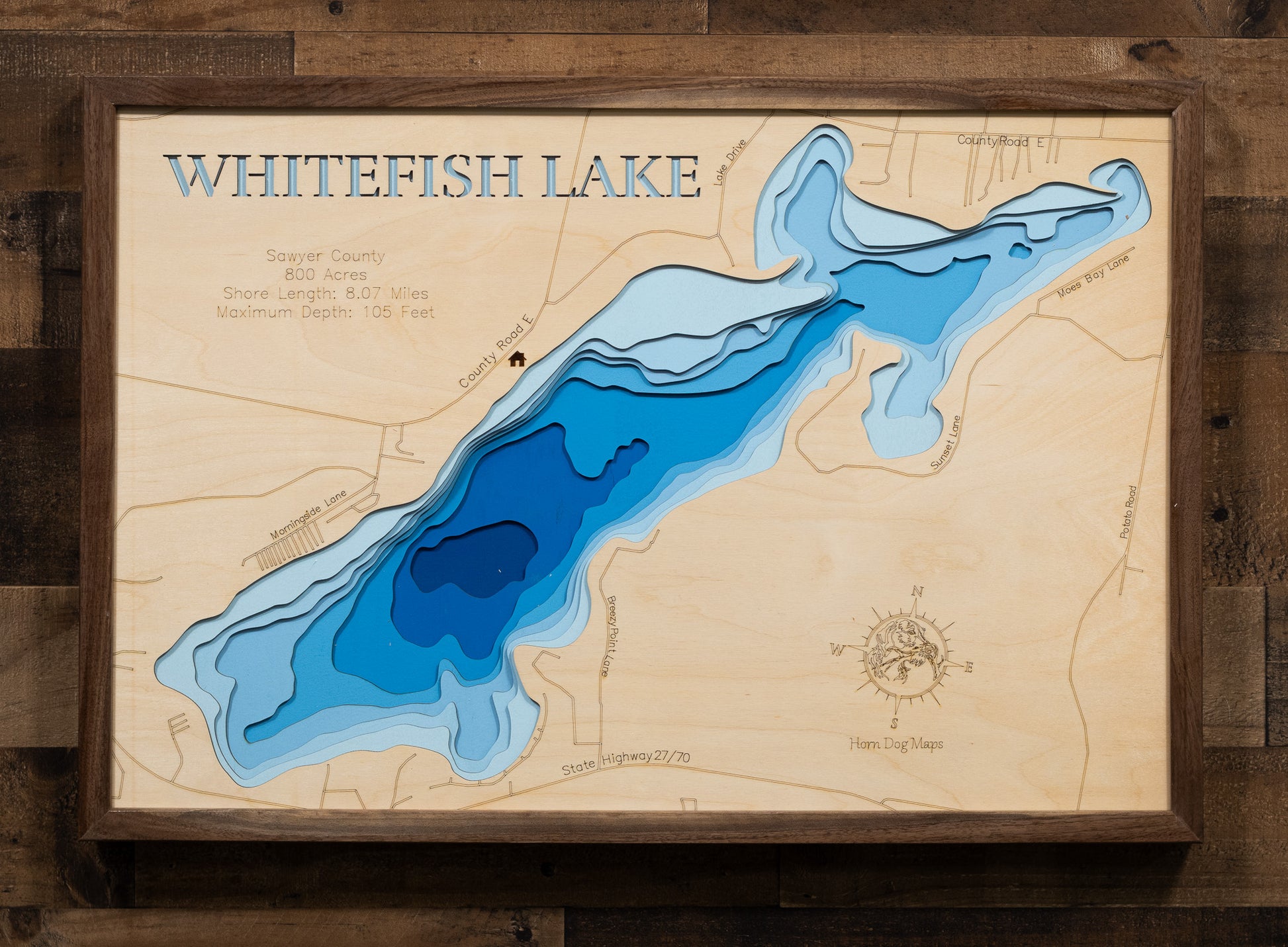 Unique wooden lake map of Whitefish Lake in Sawyer County, WI, featuring intricate depth details.