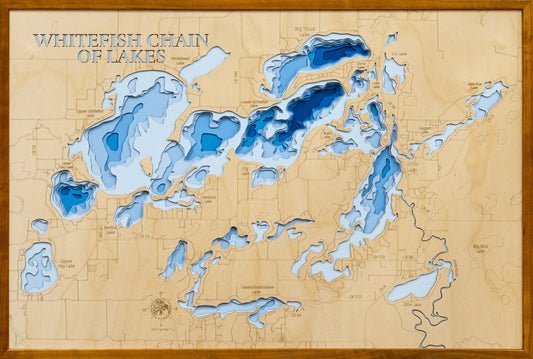 Whitefish Chain of Lakes in Crow Wing County, MN in stunning 3D wood map design, with detailed topography.