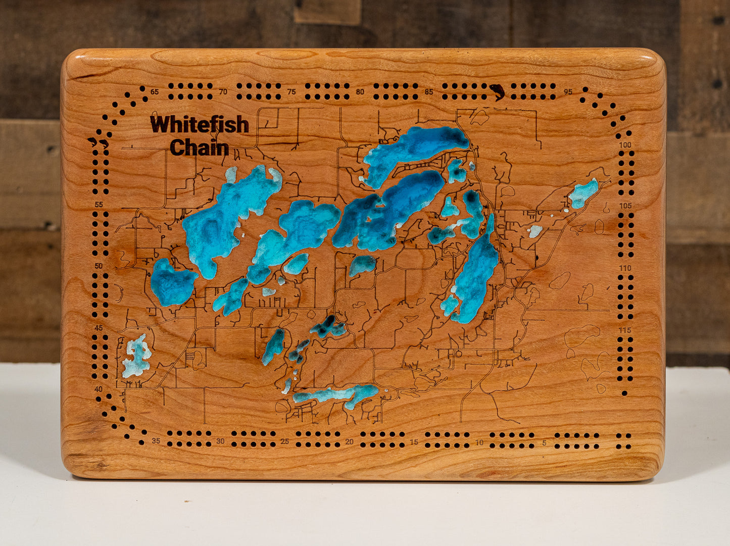 Whitefish Chain of Lakes in Crow Wing County, MN in stunning 3D wood map design, with detailed topography.