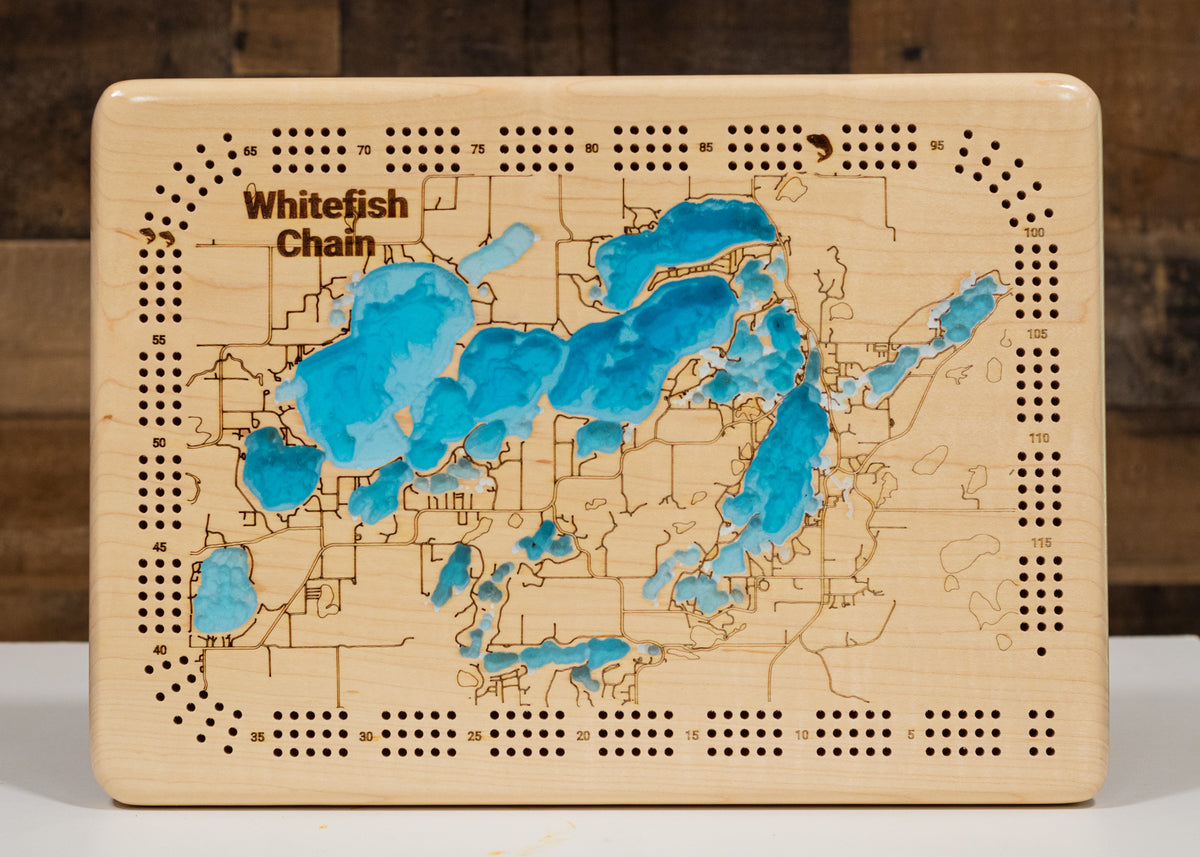 Whitefish Chain of Lakes in Crow Wing County, MN in stunning 3D wood map design, with detailed topography.