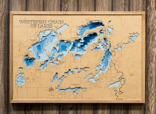 Whitefish Chain of Lakes in Crow Wing County, MN in stunning 3D wood map design, with detailed topography.