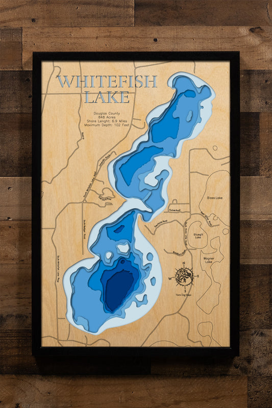 Custom wooden map of Whitefish Lake in Douglas County, WI with layered depth highlights.
