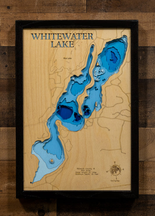 Artisanally carved wooden lake map of Whitewater Lake in Walworth County, WI, highlighting bathymetry.