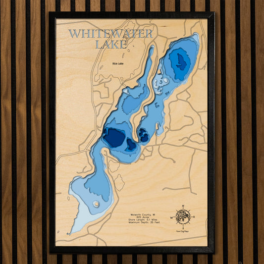 Artisanally carved wooden lake map of Whitewater Lake in Walworth County, WI, highlighting bathymetry.