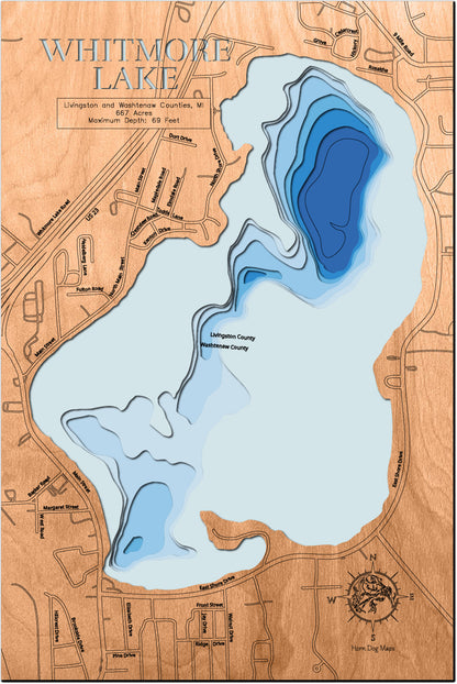 Whitmore Lake in Livingston and Washtenaw Counties, MI engraved wood map, showcasing accurate topographical features.