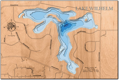 Decorative 3D wooden lake map of Lake Wilhelm in Wright County, MN, crafted with care.