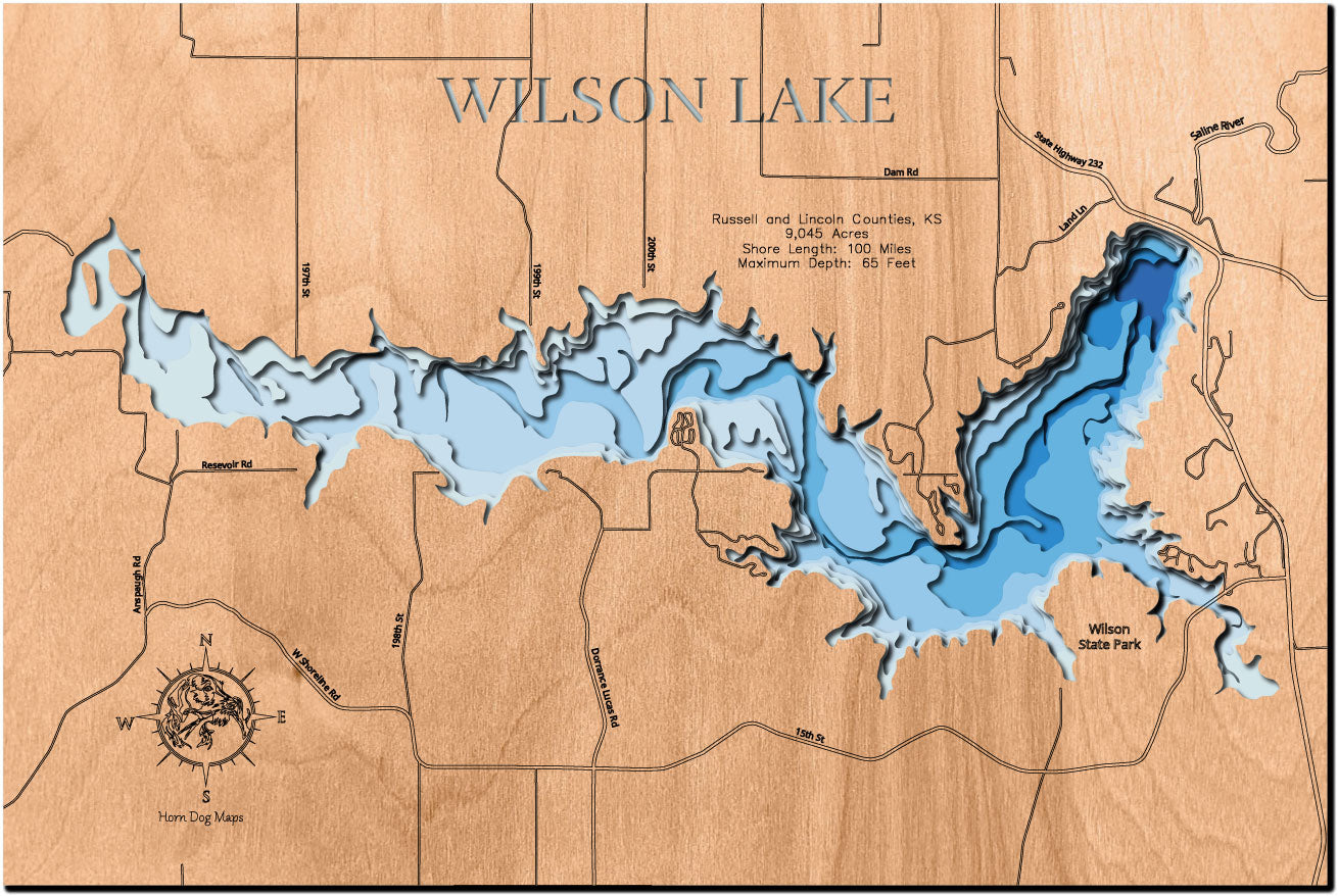 Wilson Lake in Russell and Lincoln Counties, KS custom 3D wood map, perfect for home decor and gifts.