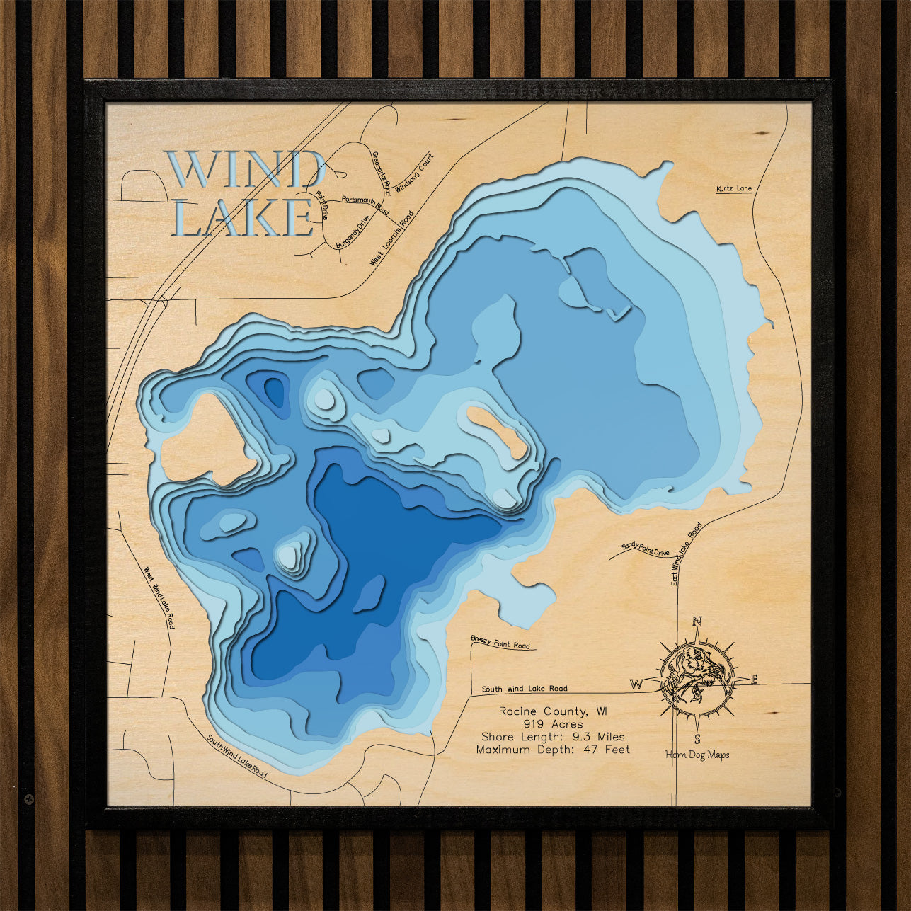 Detailed wooden relief map of Wind Lake in Racine County, WI, showcasing its natural beauty.