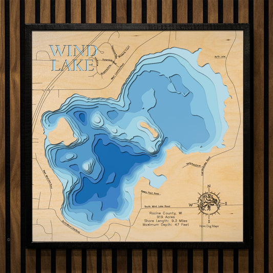 Detailed wooden relief map of Wind Lake in Racine County, WI, showcasing its natural beauty.