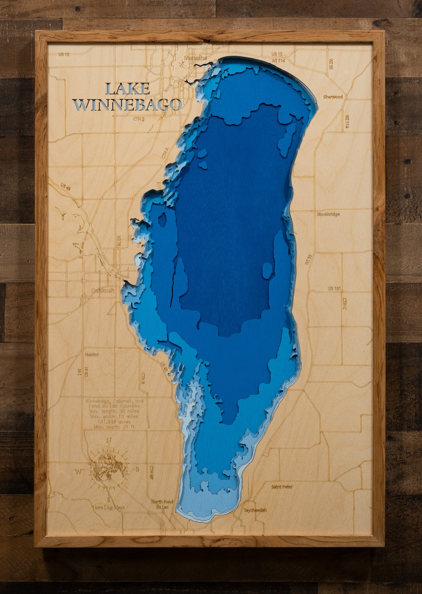 Unique wooden lake map of 3d Depth Map of Lake Winnebago in Winnebago, Calumet, and Fond du Lac County, WI, featuring intricate depth details.