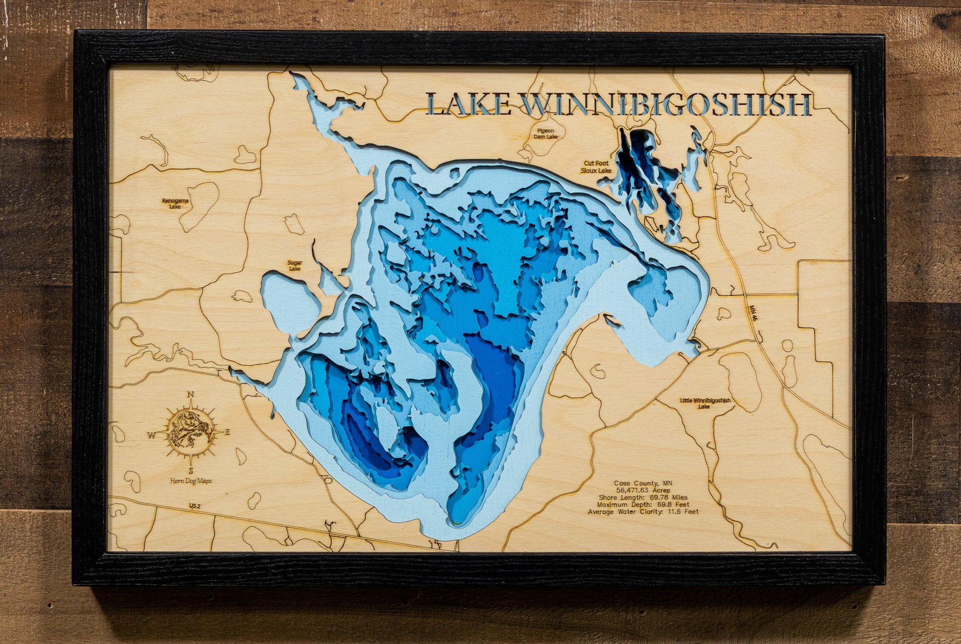 Lake Winnibigoshish in Cass County, MN 3D depth map, laser cut from high-quality wood.