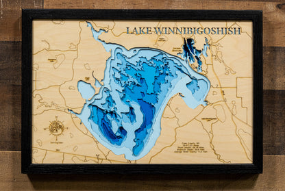 Lake Winnibigoshish in Cass County, MN 3D depth map, laser cut from high-quality wood.