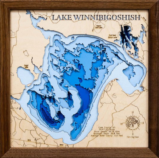 Lake Winnibigoshish in Cass County, MN 3D depth map, laser cut from high-quality wood.