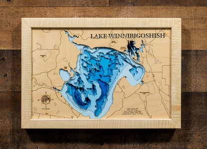 Lake Winnibigoshish in Cass County, MN 3D depth map, laser cut from high-quality wood.
