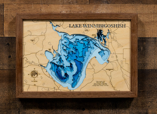 Lake Winnibigoshish in Cass County, MN 3D depth map, laser cut from high-quality wood.