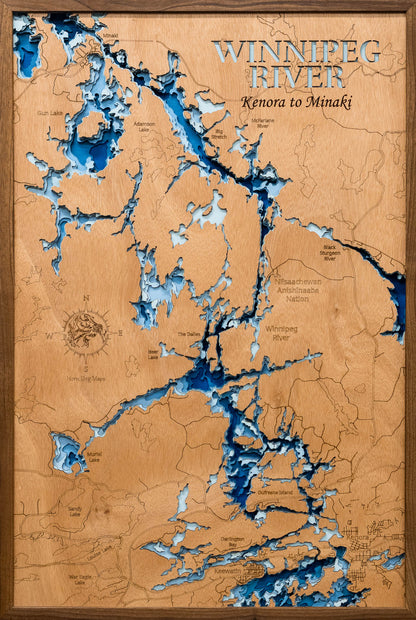 Handcrafted 3D wood map of Winnipeg River, Ontario Canada, ideal for lake enthusiasts.