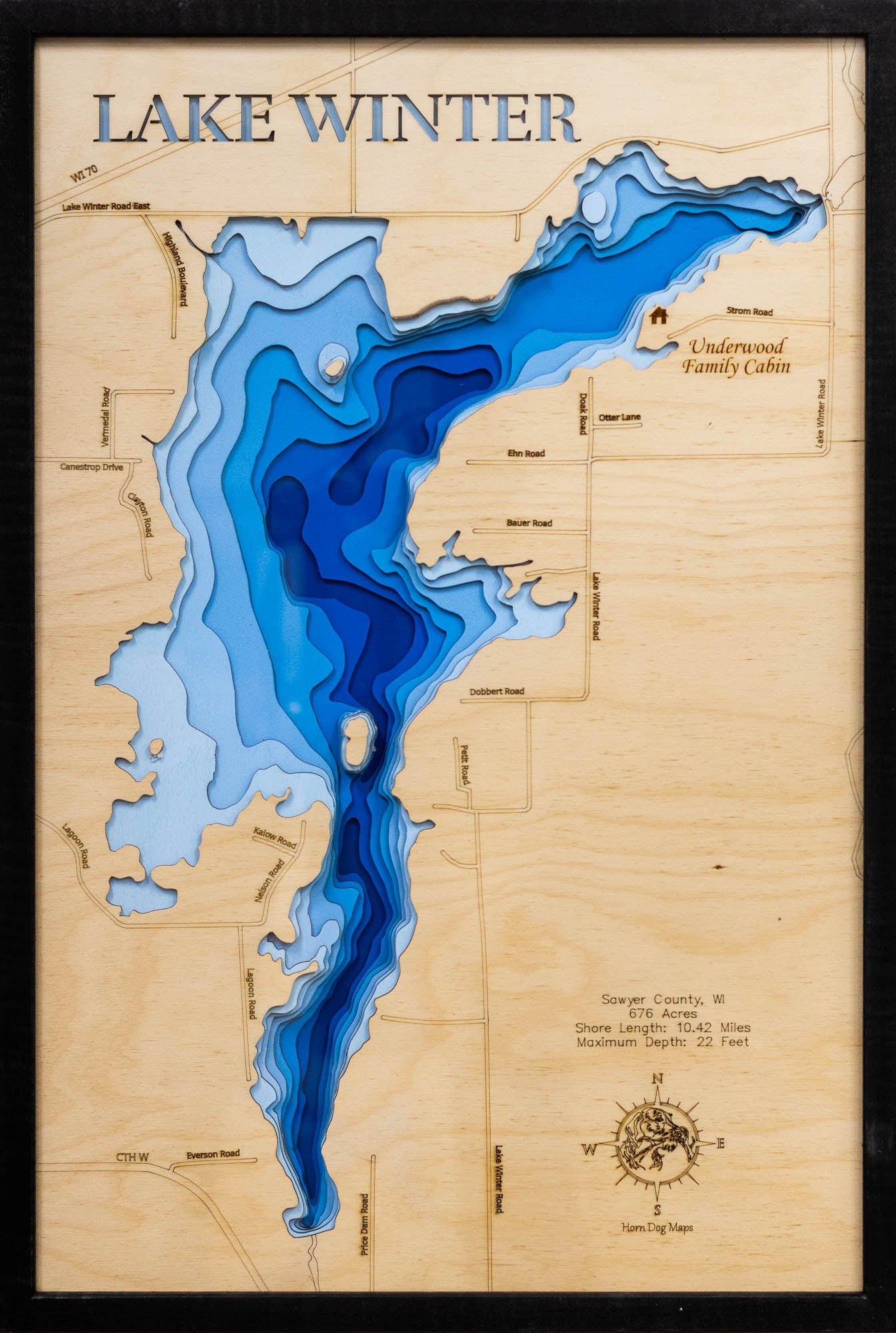 Lake Winter in Sawyer County, WI engraved wood map, showcasing accurate topographical features.