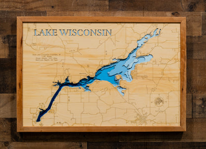 Handcrafted 3D wood map of Lake Wisconsin in Sauk and Columbia Counties, WI, ideal for lake enthusiasts.