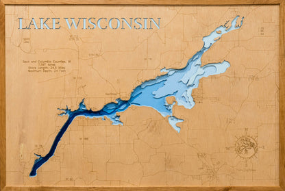 Handcrafted 3D wood map of Lake Wisconsin in Sauk and Columbia Counties, WI, ideal for lake enthusiasts.