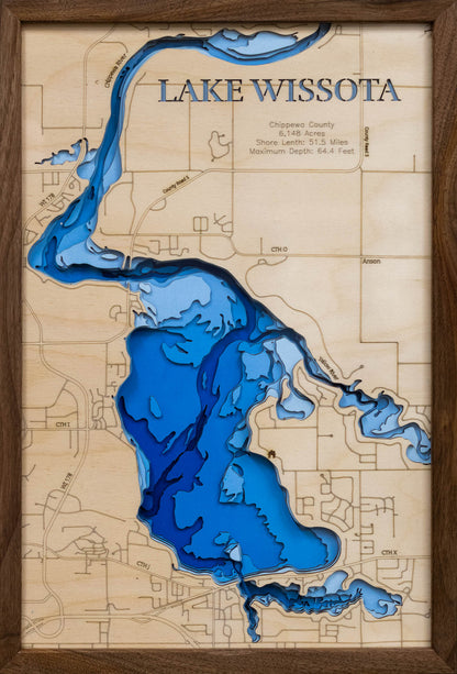 Artisanally carved wooden lake map of Lake Wissota in Chippewa County, WI, highlighting bathymetry.