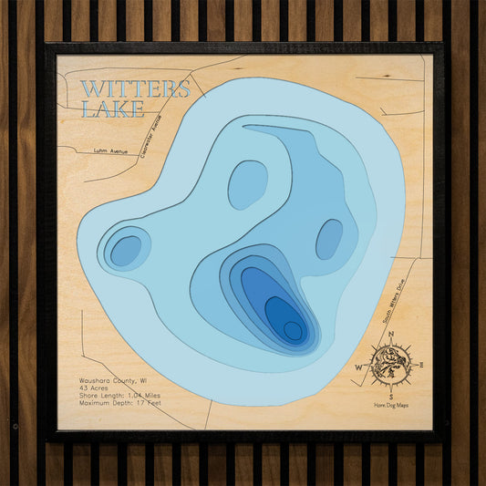 Artisanally carved wooden lake map of Witters Lake in Waushara County, WI, highlighting bathymetry.