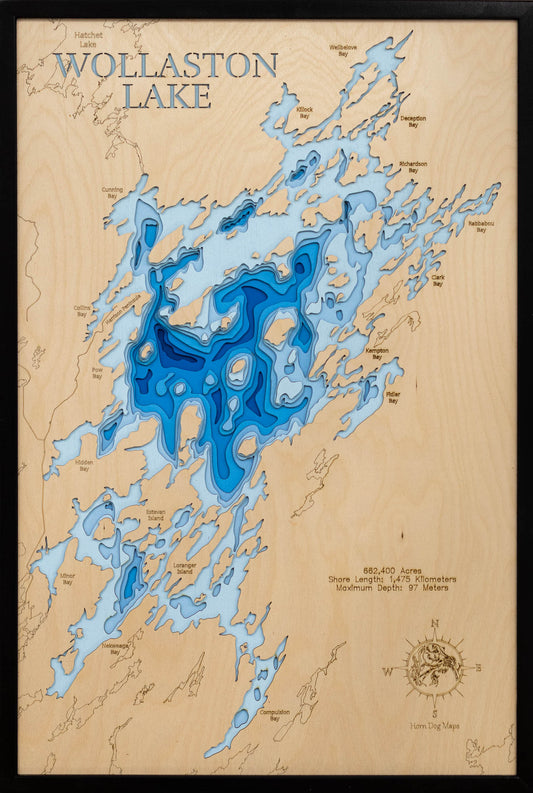 Unique wooden lake map of Wollaston Lake in Saskatchewan, featuring intricate depth details.