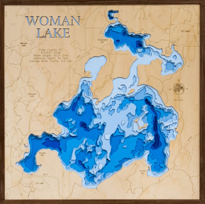 3D Lake Map of Woman Lake in Cass County, MN engraved wood map, showcasing accurate topographical features.